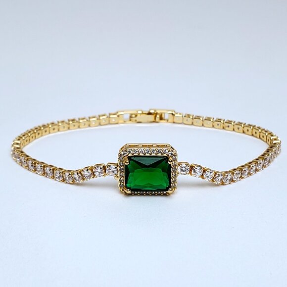 14K Gold Womens 2ct Square Green Emerald Gemstone 1ct Diamond Tennis Bracelet